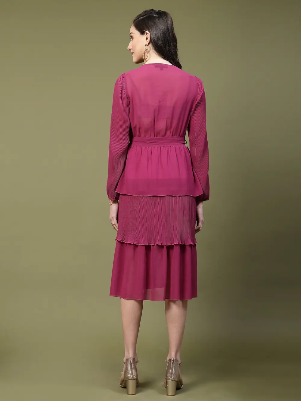 Classic V-Neck Wrap Dress With Layered Skirt And Pleated Sleeves