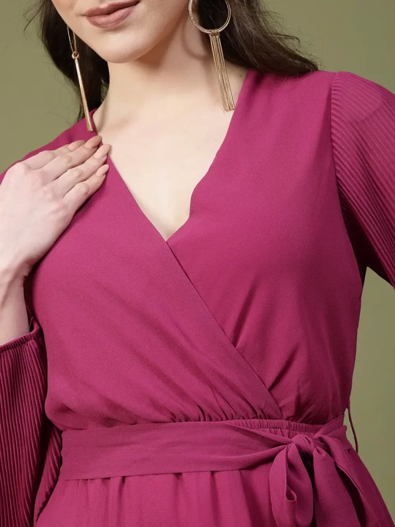 Classic V-Neck Wrap Dress With Layered Skirt And Pleated Sleeves