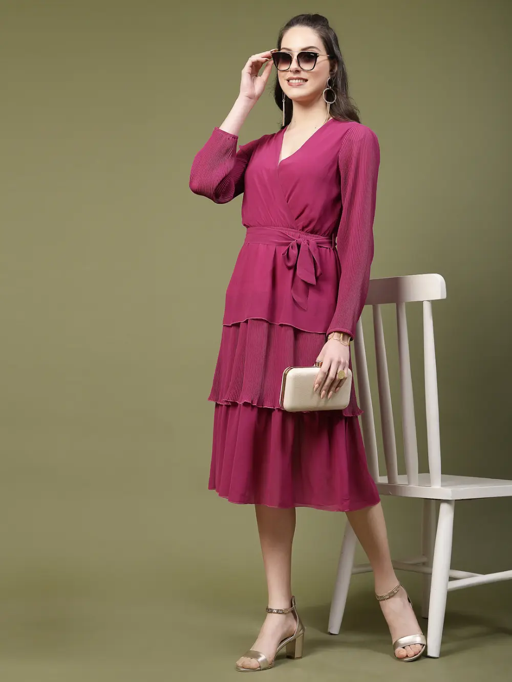 Classic V-Neck Wrap Dress With Layered Skirt And Pleated Sleeves