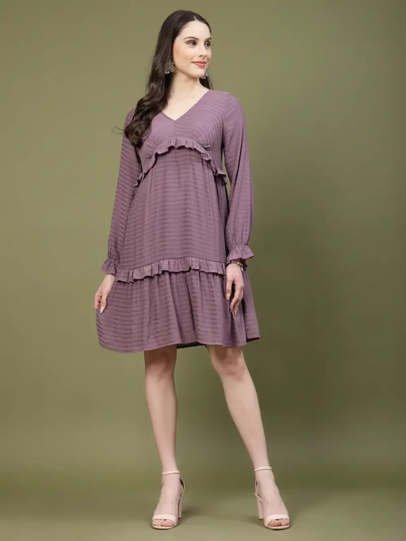 Ruffle Detail A-Line Dress With Long Sleeves