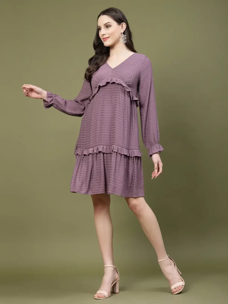 Ruffle Detail A-Line Dress With Long Sleeves