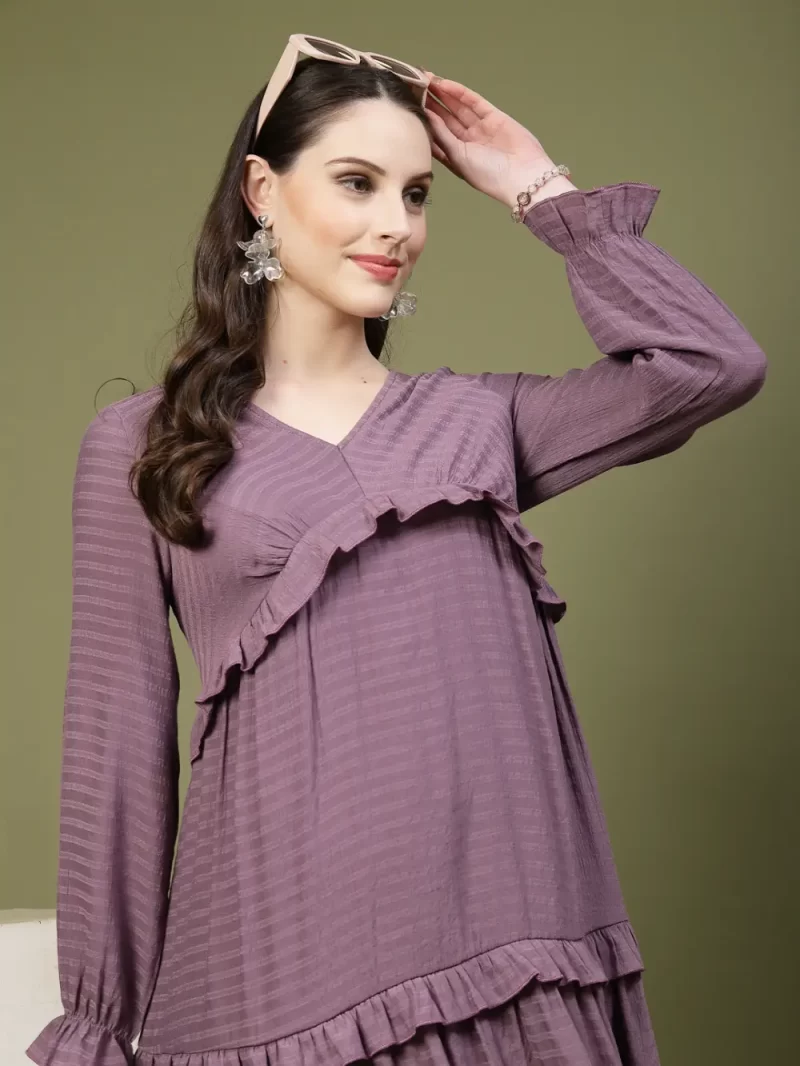 Ruffle Detail A-Line Dress With Long Sleeves