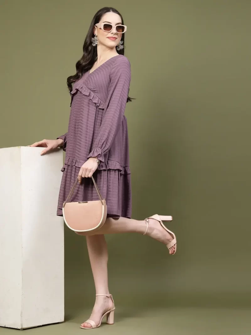 Ruffle Detail A-Line Dress With Long Sleeves