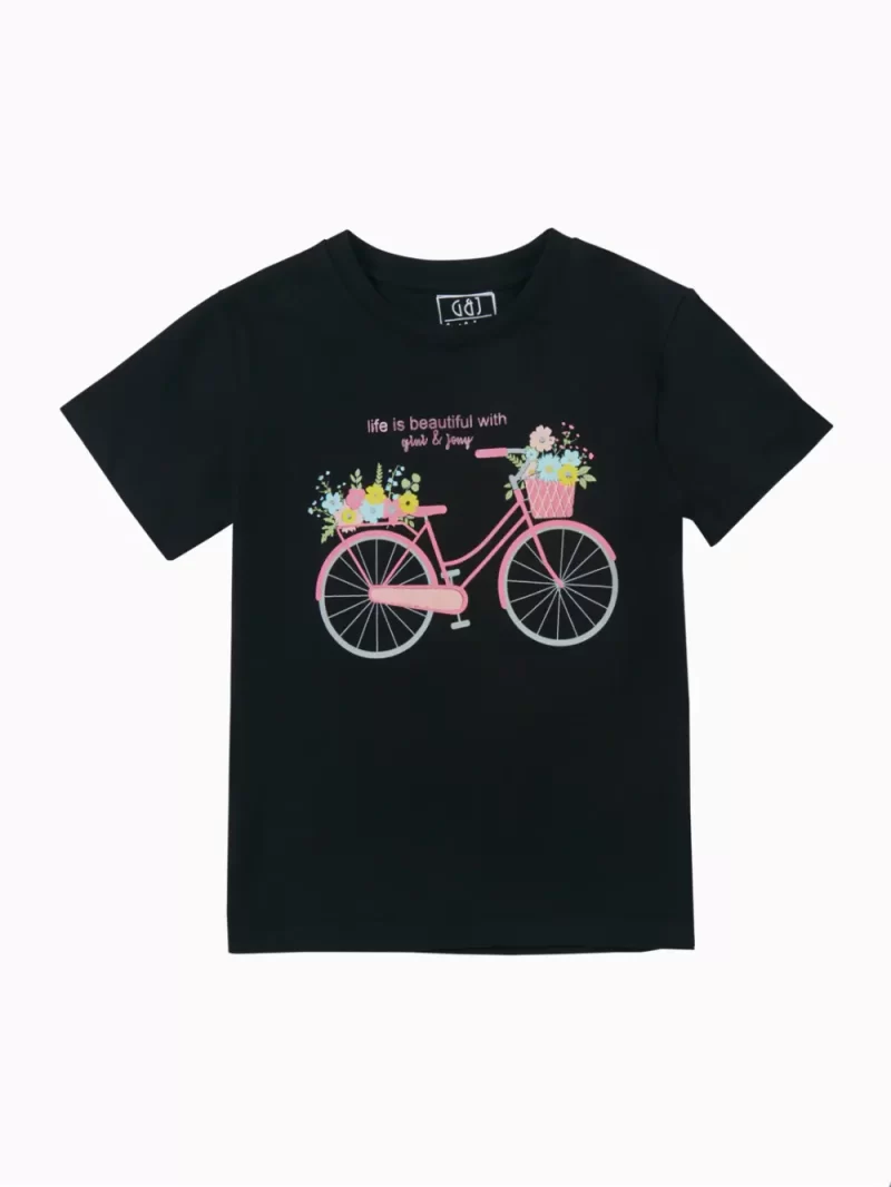 Gini And Jony Girls Black Graphic Print Cotton Knits Top Half Sleeves