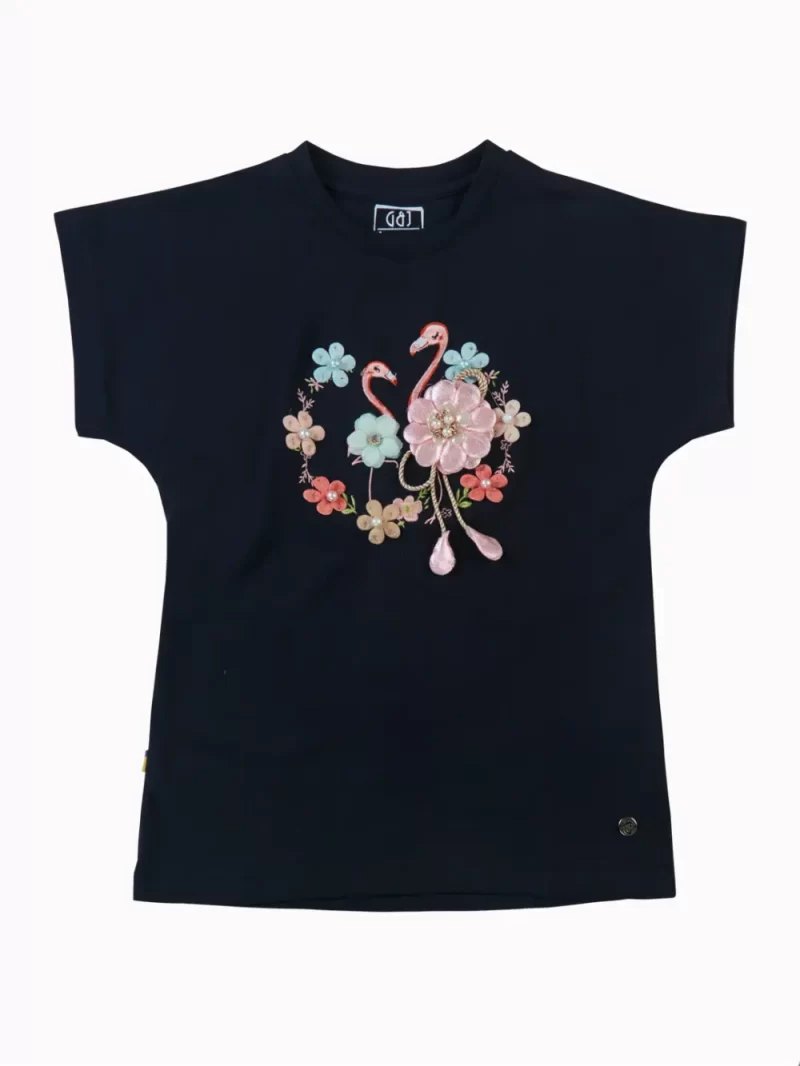 Gini And Jony Girls Black Applique Cotton Knits Top Half Sleeves