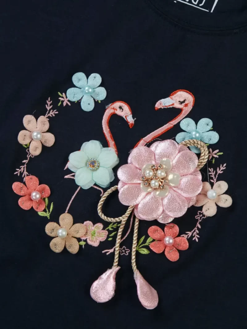 Gini And Jony Girls Black Applique Cotton Knits Top Half Sleeves