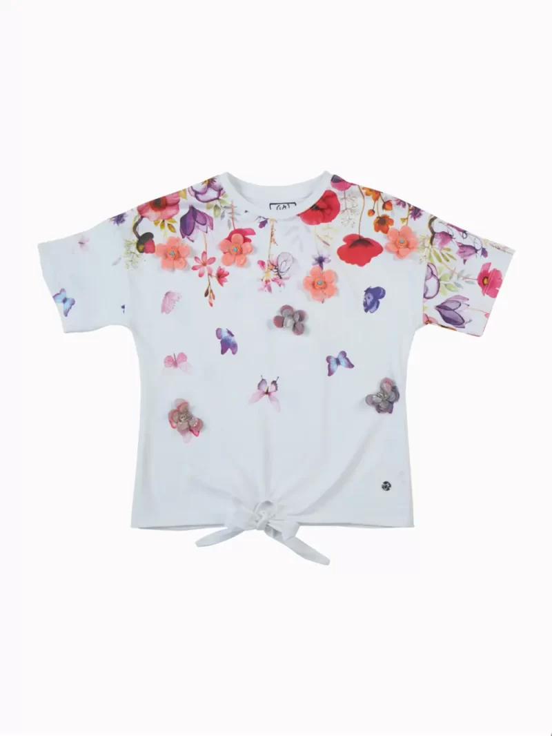 Gini And Jony Girls White Applique Cotton Knits Top Half Sleeves