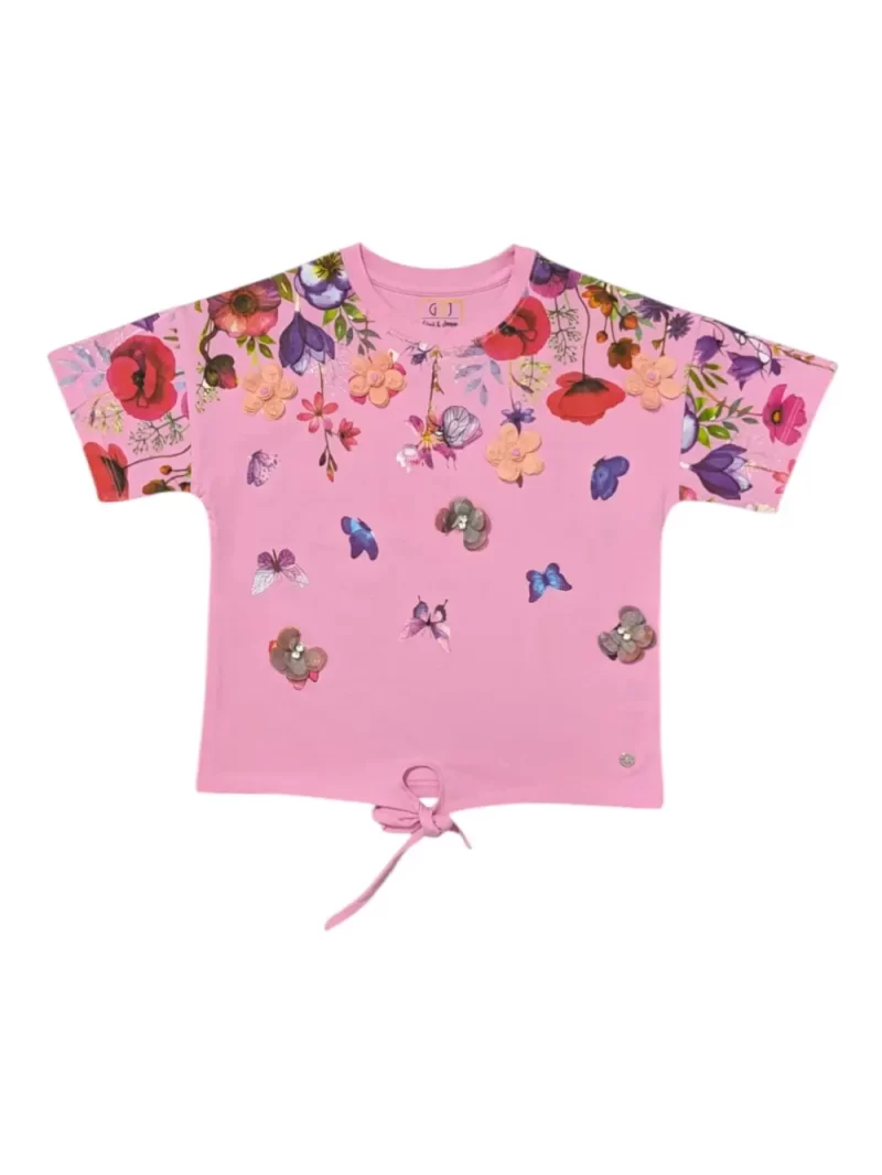 Gini And Jony Girls Pink Applique Cotton Knits Top Half Sleeves