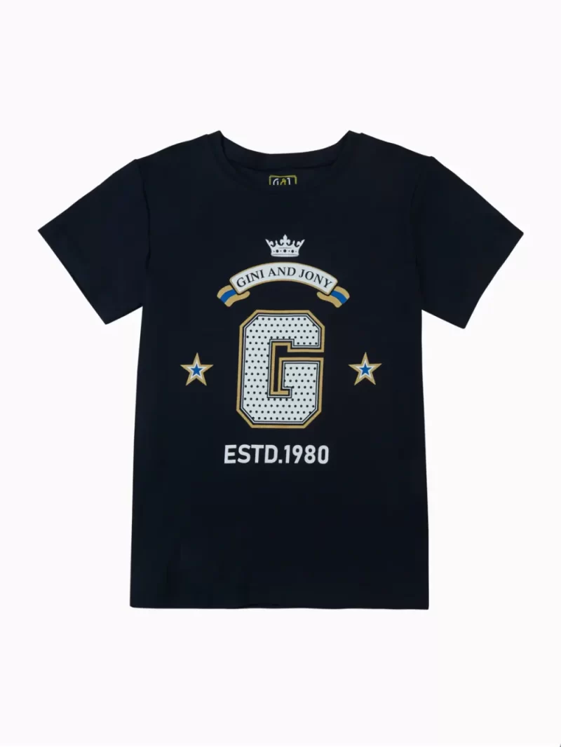 Gini And Jony Boys Navy Blue Graphic Cotton T-Shirt Half Sleeves