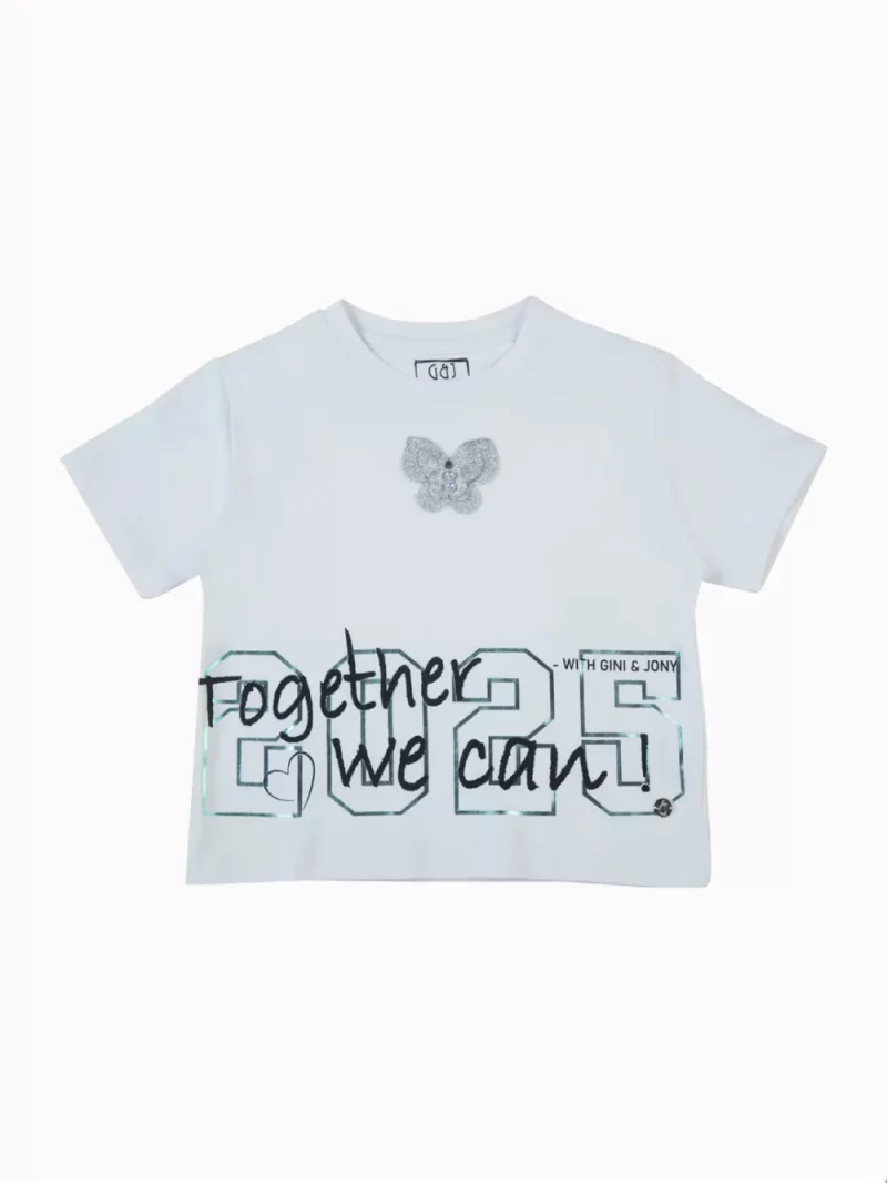 Gini And Jony Girls White Applique Cotton Knits Top Half Sleeves