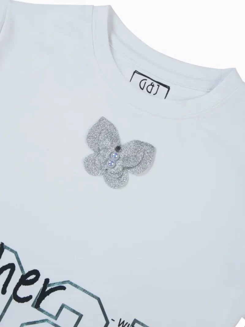 Gini And Jony Girls White Applique Cotton Knits Top Half Sleeves