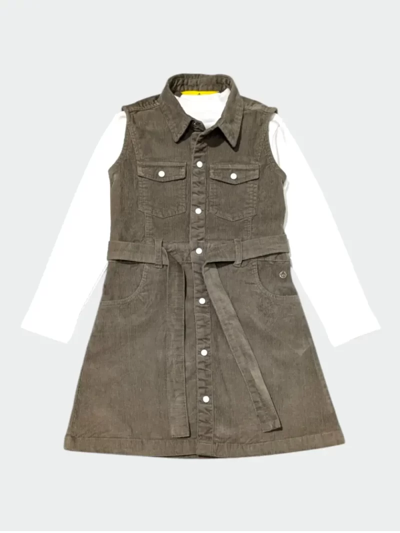 Gini And Jony Girls Grey Solid Corduroy Dress Full Sleeves