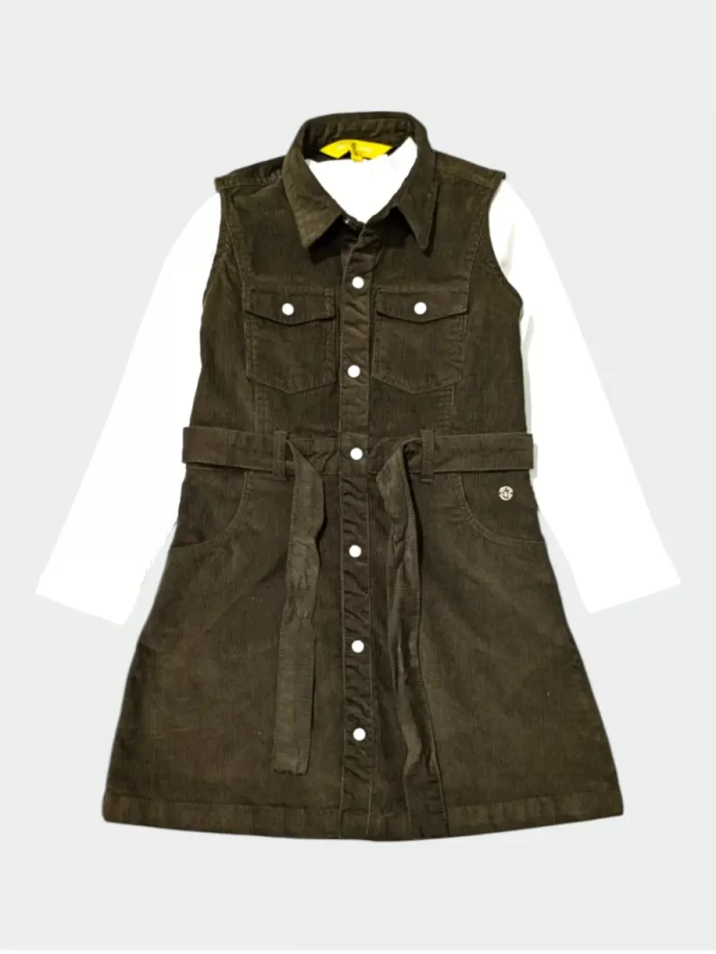 Gini And Jony Girls Olive Solid Corduroy Dress Full Sleeves