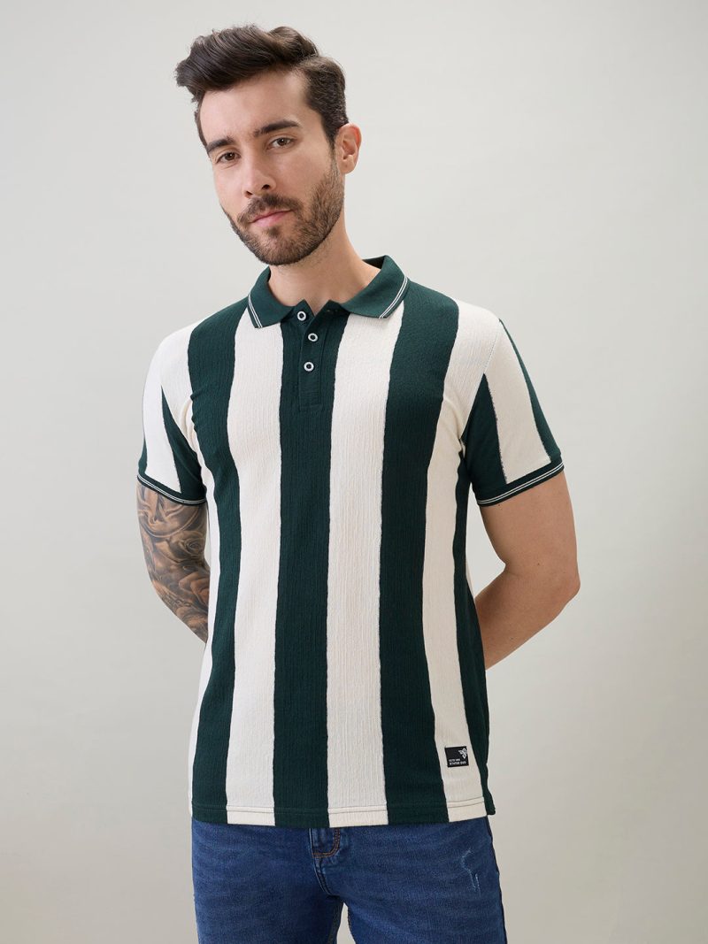 Status Quo Men'S Striped Regular Fit Polo T-Shirt With Tipping Detail And Half Sleeves