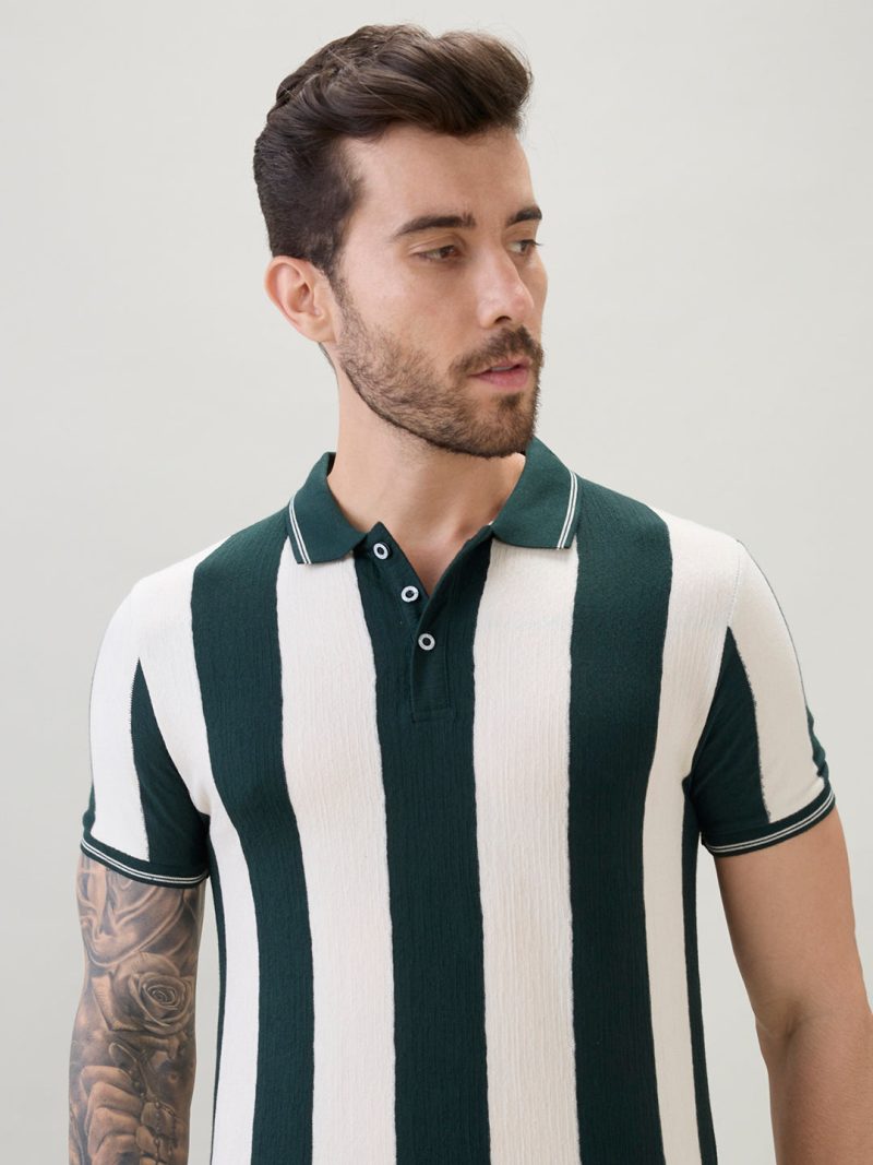 Status Quo Men'S Striped Regular Fit Polo T-Shirt With Tipping Detail And Half Sleeves