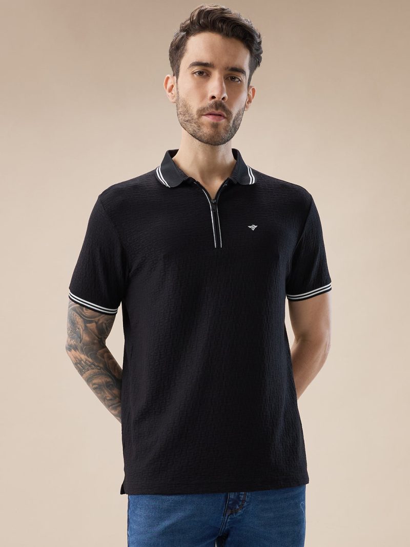 Status Quo Men'S Solid Textured Half Sleeves Polo Tshirt With Haf Zipper And Tipping Details