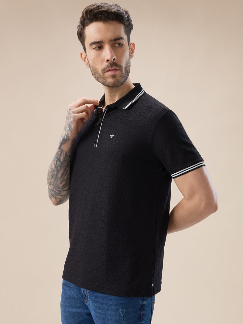 Status Quo Men'S Solid Textured Half Sleeves Polo Tshirt With Haf Zipper And Tipping Details