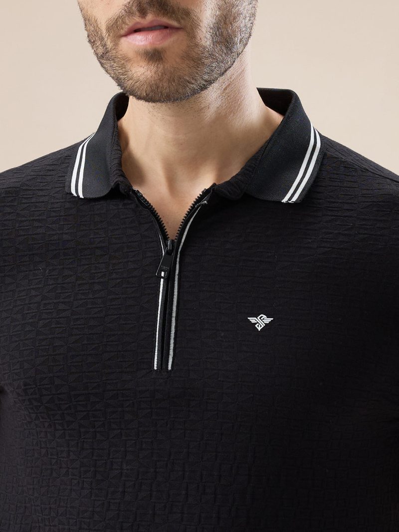 Status Quo Men'S Solid Textured Half Sleeves Polo Tshirt With Haf Zipper And Tipping Details