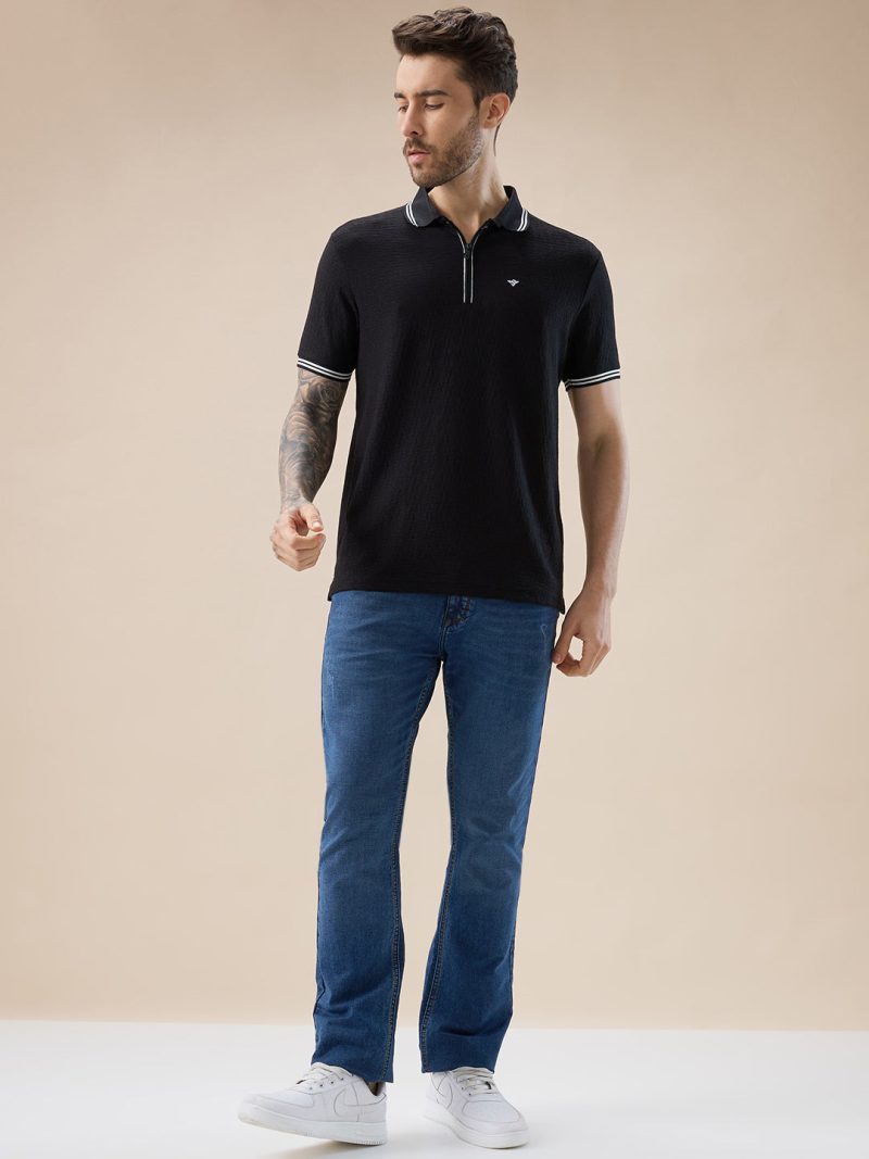 Status Quo Men'S Solid Textured Half Sleeves Polo Tshirt With Haf Zipper And Tipping Details