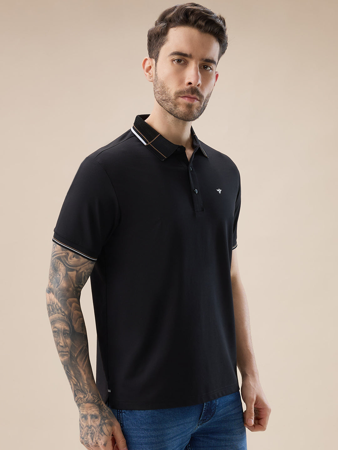Status Quo Men'S Solid Half Sleeves Polo T-Shirt With Design Tipping Collar And Sleeves