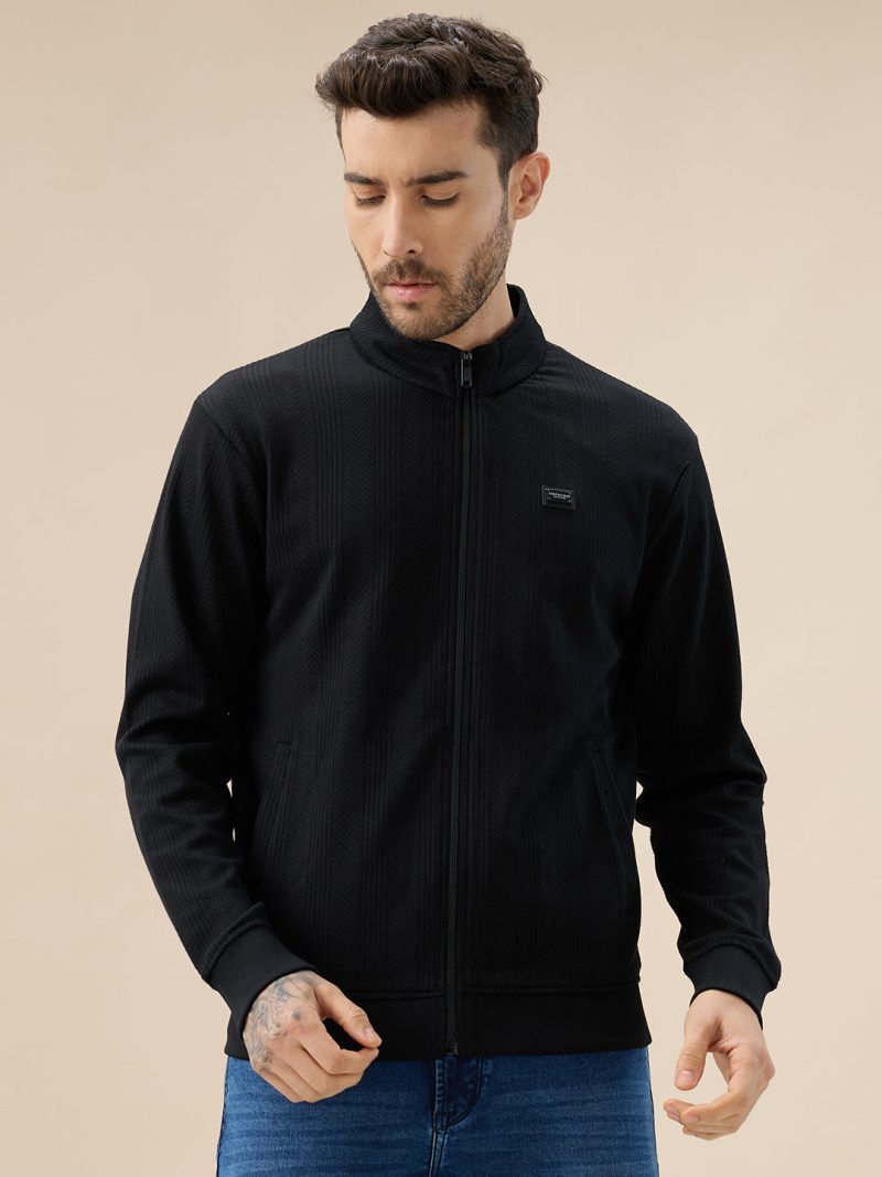 Status Quo Men'S Solid Textured Mock Neck Full Sleeves Sweatshirt With Zipper Closure