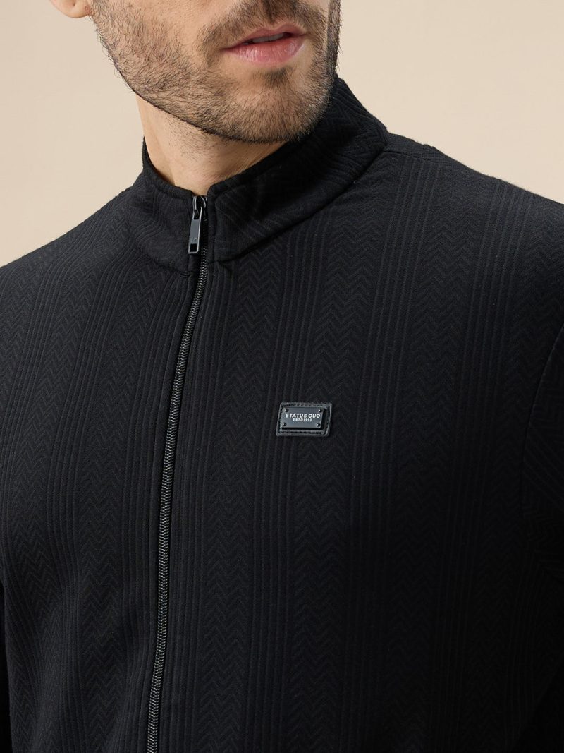 Status Quo Men'S Solid Textured Mock Neck Full Sleeves Sweatshirt With Zipper Closure