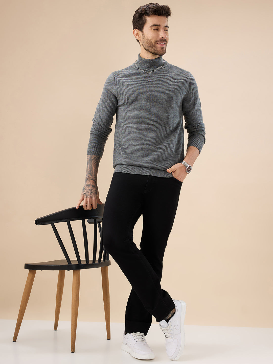 Status Quo Men'S Solid Textured Full Sleeves Turtle Neck Regular Fit Fleece Sweater