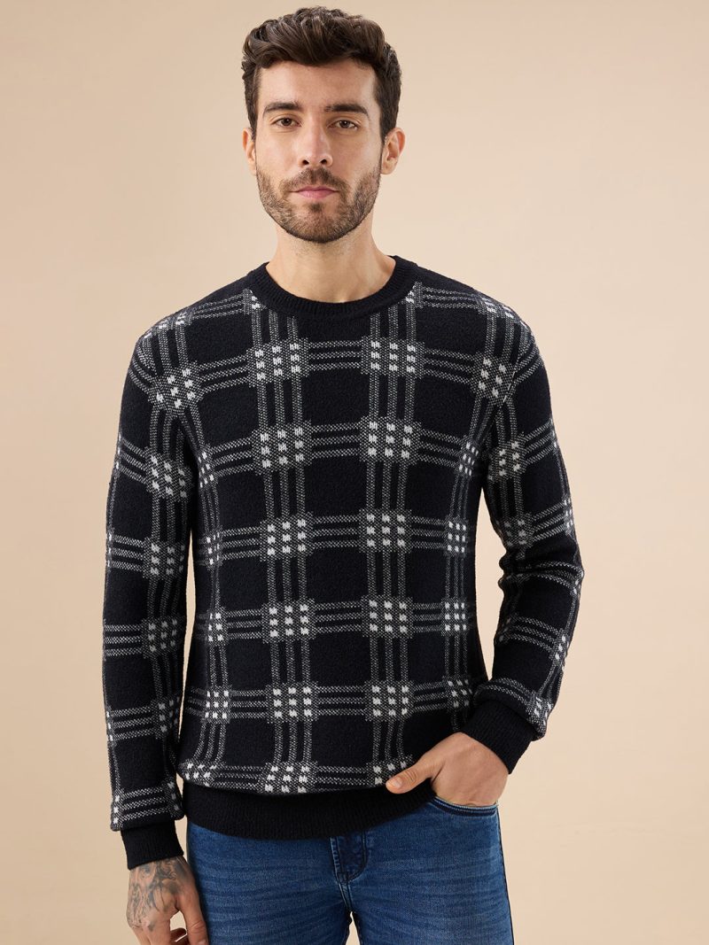 Status Quo Men'S Trendy Check Design Full Sleeves Round Neck Fleece Sweater