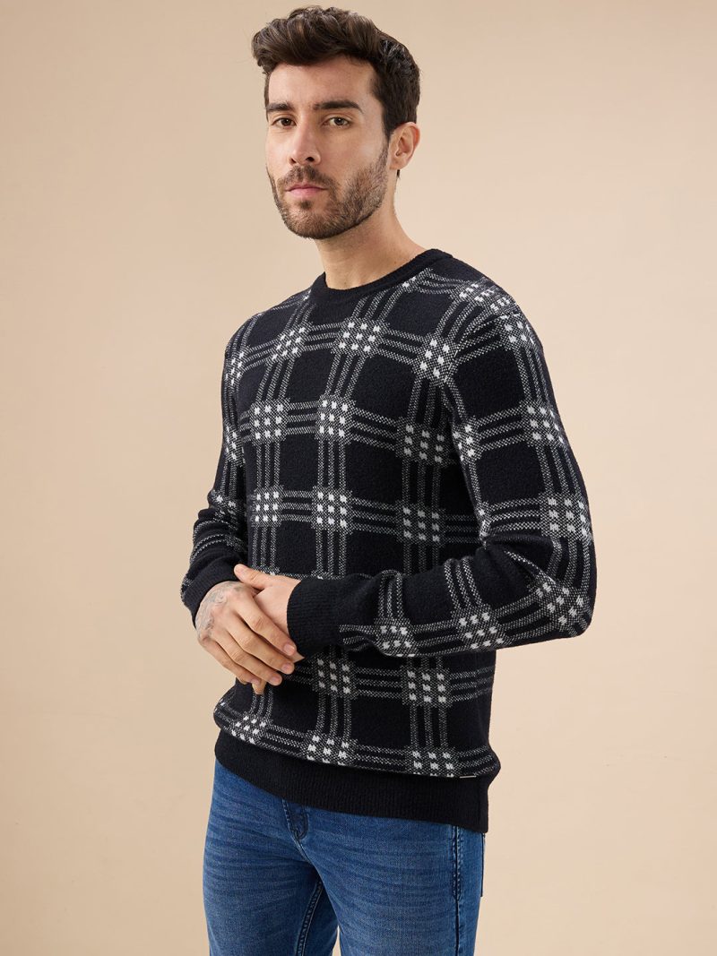 Status Quo Men'S Trendy Check Design Full Sleeves Round Neck Fleece Sweater