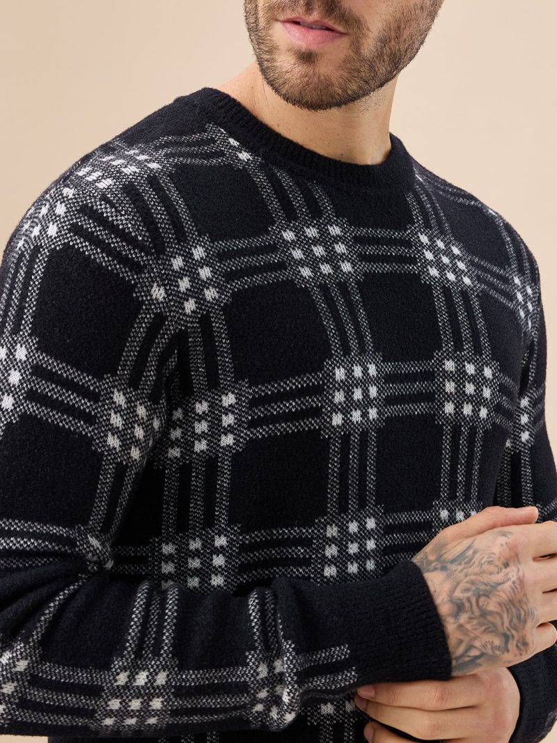 Status Quo Men'S Trendy Check Design Full Sleeves Round Neck Fleece Sweater