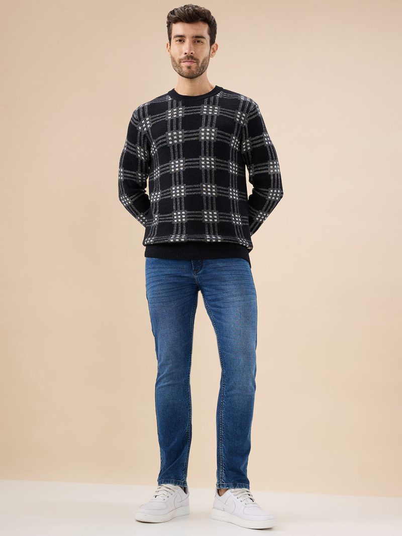 Status Quo Men'S Trendy Check Design Full Sleeves Round Neck Fleece Sweater