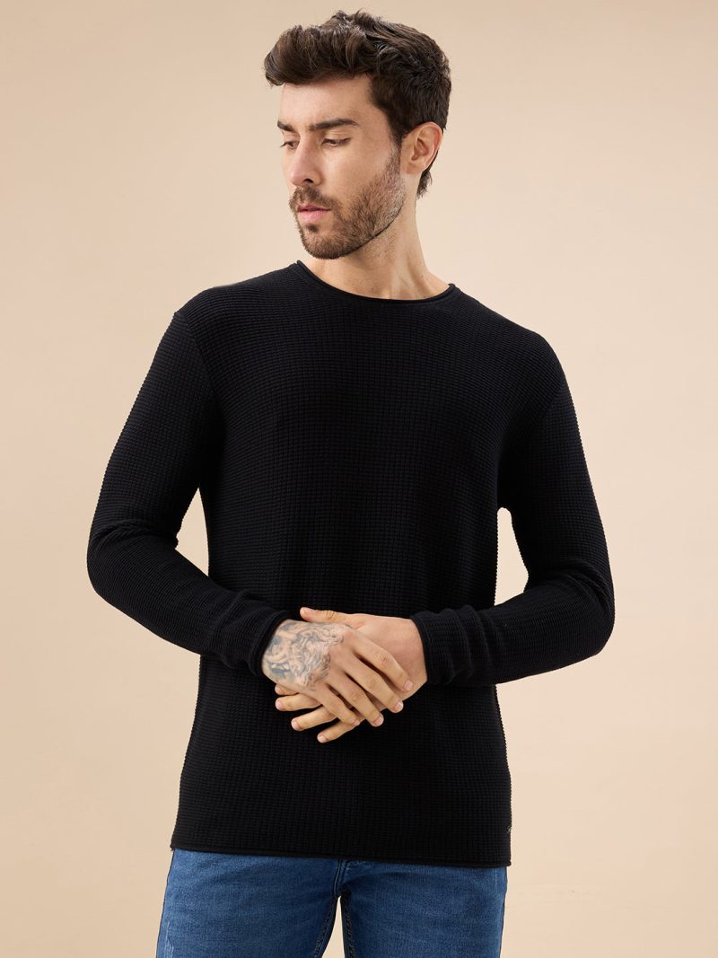 Status Quo Men'S Basic Solid Textured Full Sleeves Round Neck Sweater