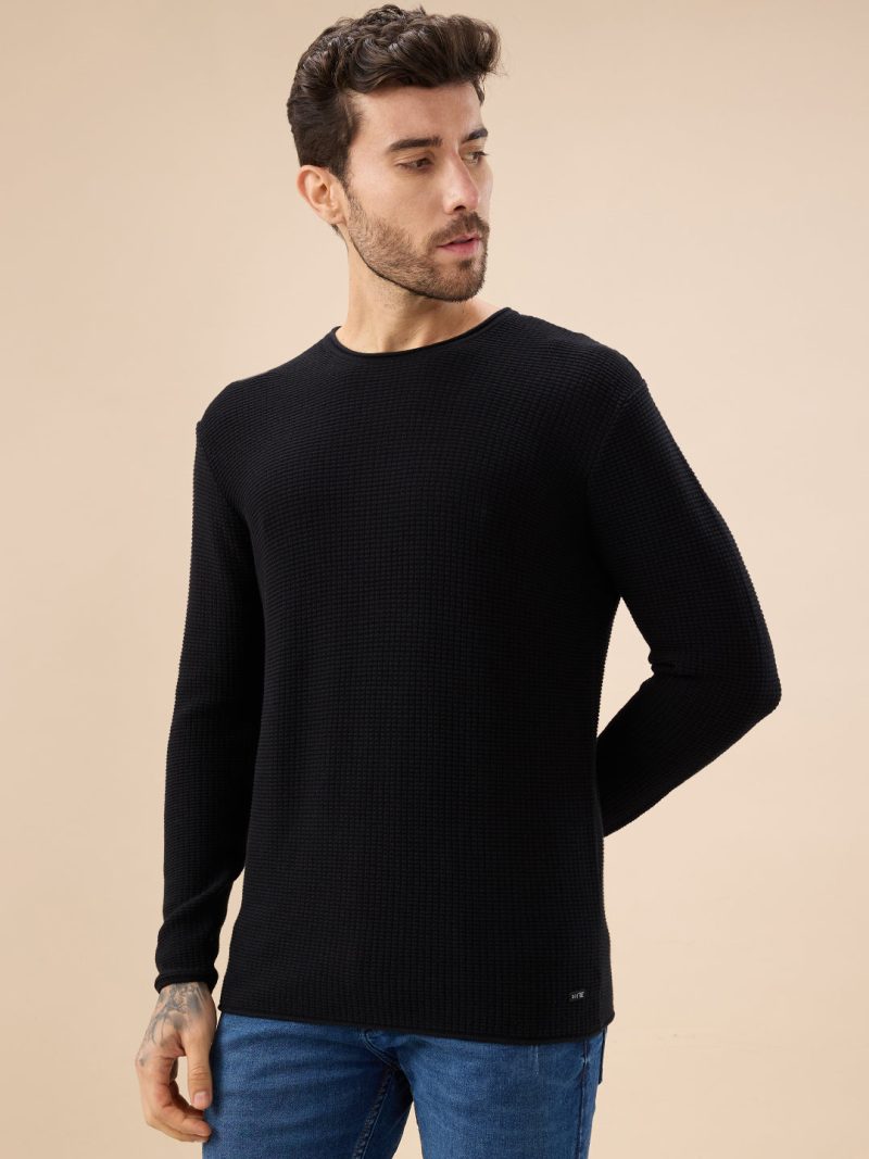 Status Quo Men'S Basic Solid Textured Full Sleeves Round Neck Sweater