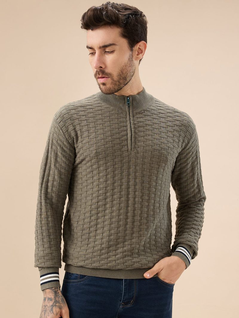Status Quo Mens Trendy Textured Knit Half Zip High Neck Full Sleeves Sweater