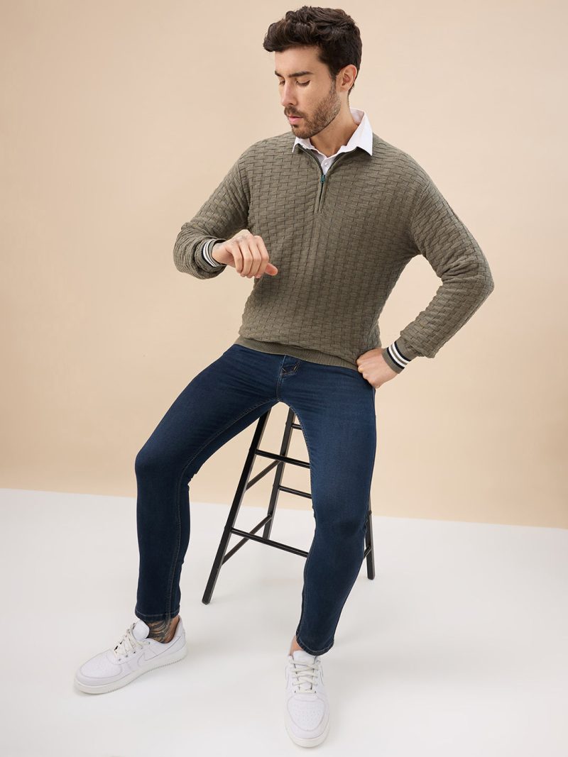 Status Quo Mens Trendy Textured Knit Half Zip High Neck Full Sleeves Sweater