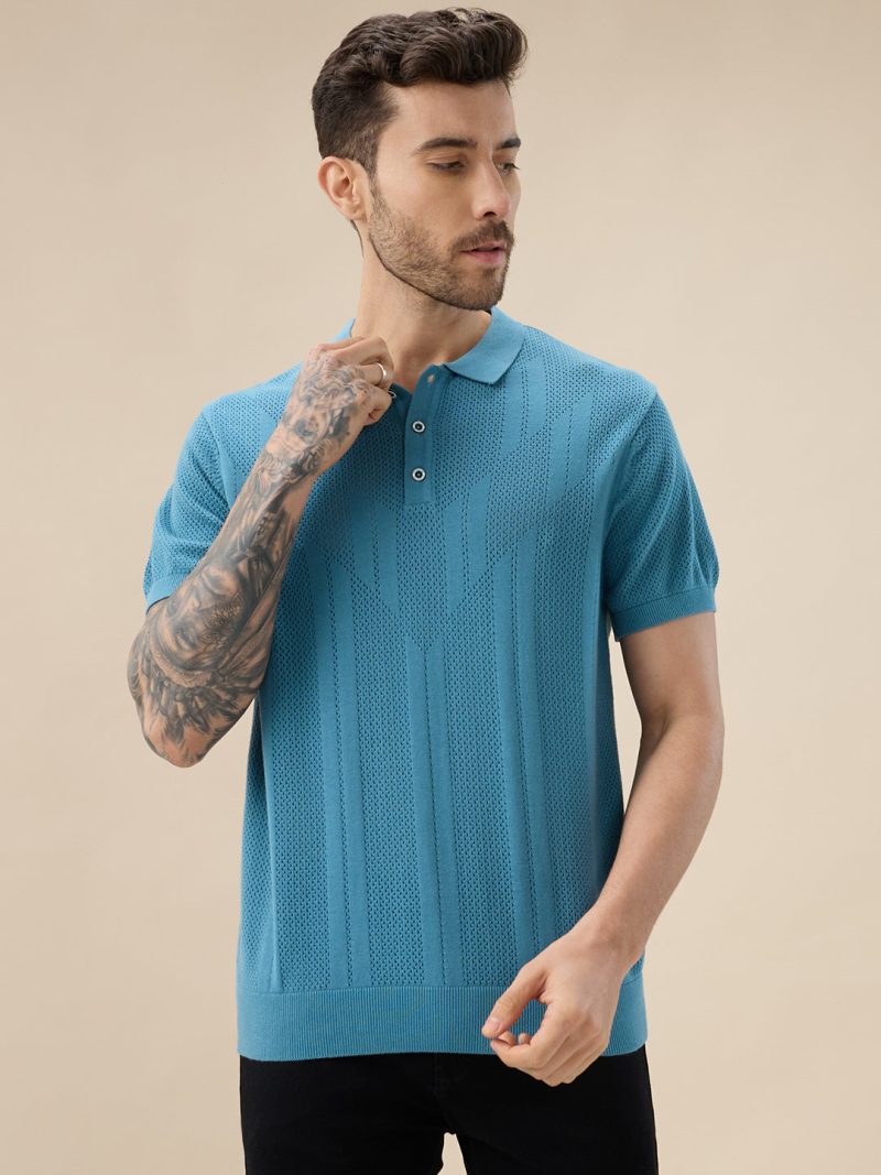 Status Quo Men'S Textured Geometric Polo Collar Half Sleeve Regular Fit Sweater