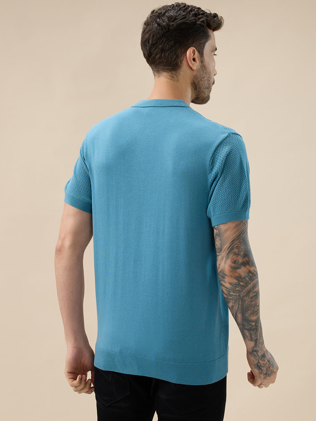 Status Quo Men'S Textured Geometric Polo Collar Half Sleeve Regular Fit Sweater