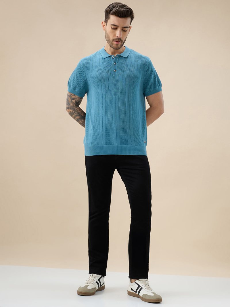 Status Quo Men'S Textured Geometric Polo Collar Half Sleeve Regular Fit Sweater