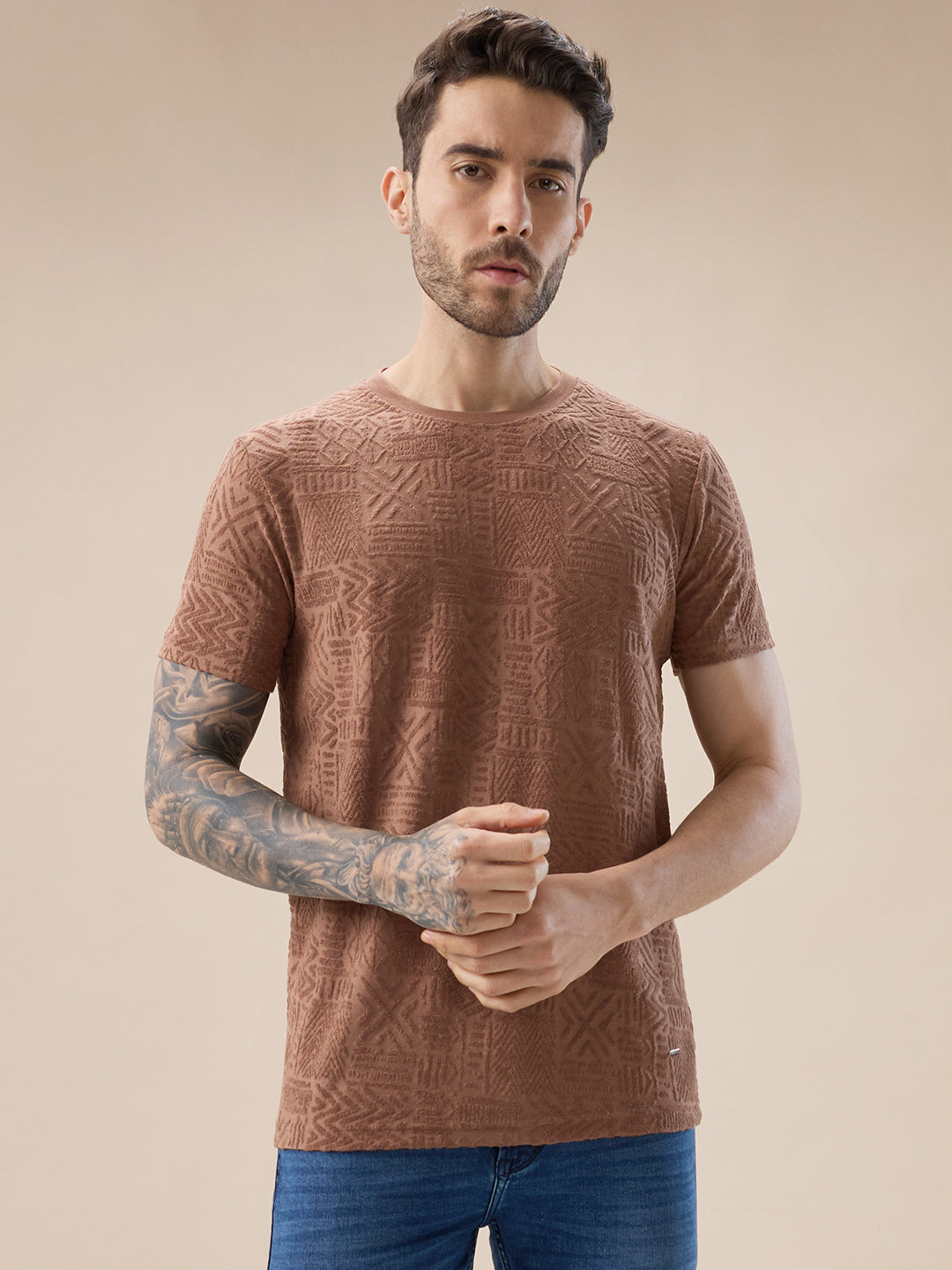 Status Quo Men'S Geometric Textured Solid Round Neck Regular Fit Half Sleeve T-Shirt