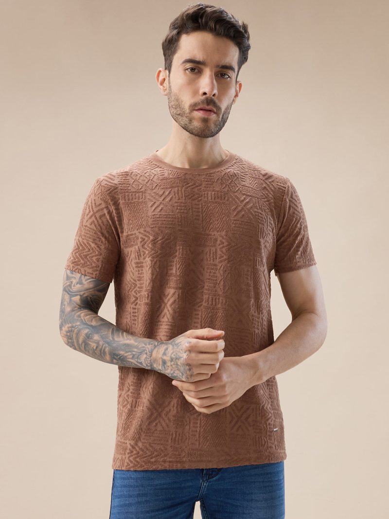 Status Quo Men'S Geometric Textured Solid Round Neck Regular Fit Half Sleeve T-Shirt