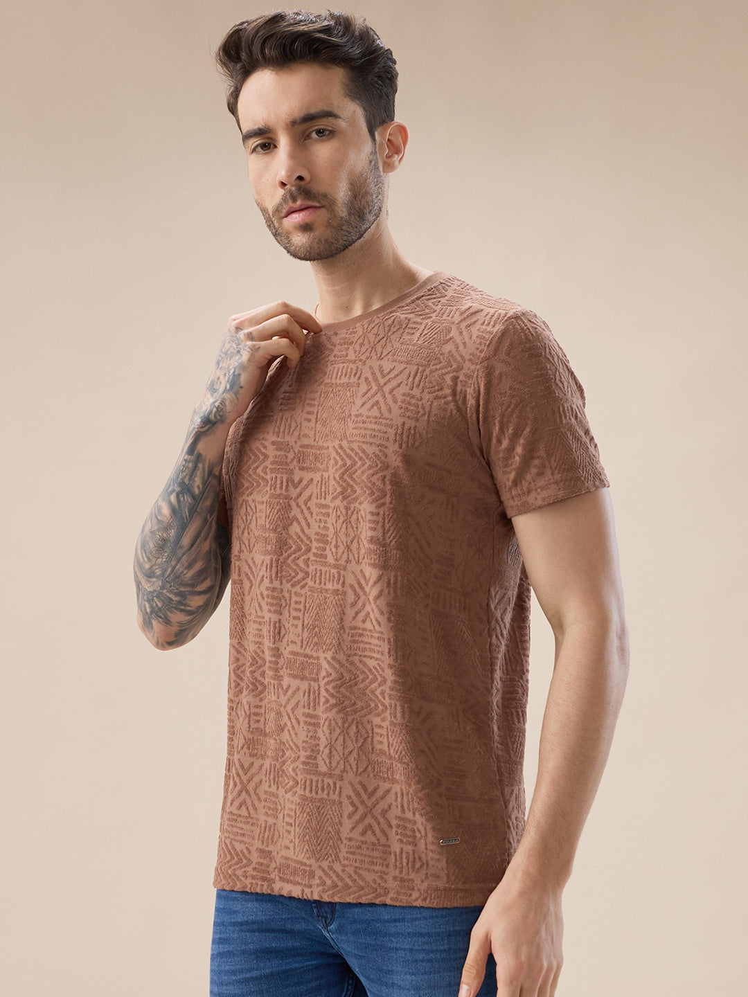 Status Quo Men'S Geometric Textured Solid Round Neck Regular Fit Half Sleeve T-Shirt