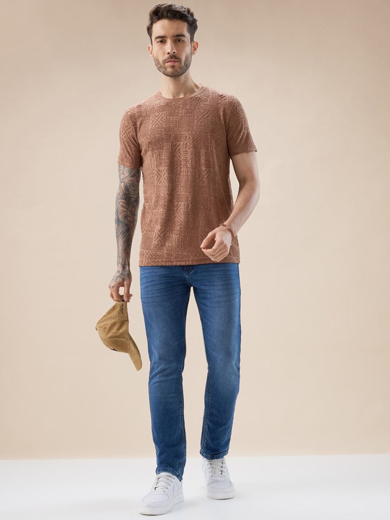 Status Quo Men'S Geometric Textured Solid Round Neck Regular Fit Half Sleeve T-Shirt