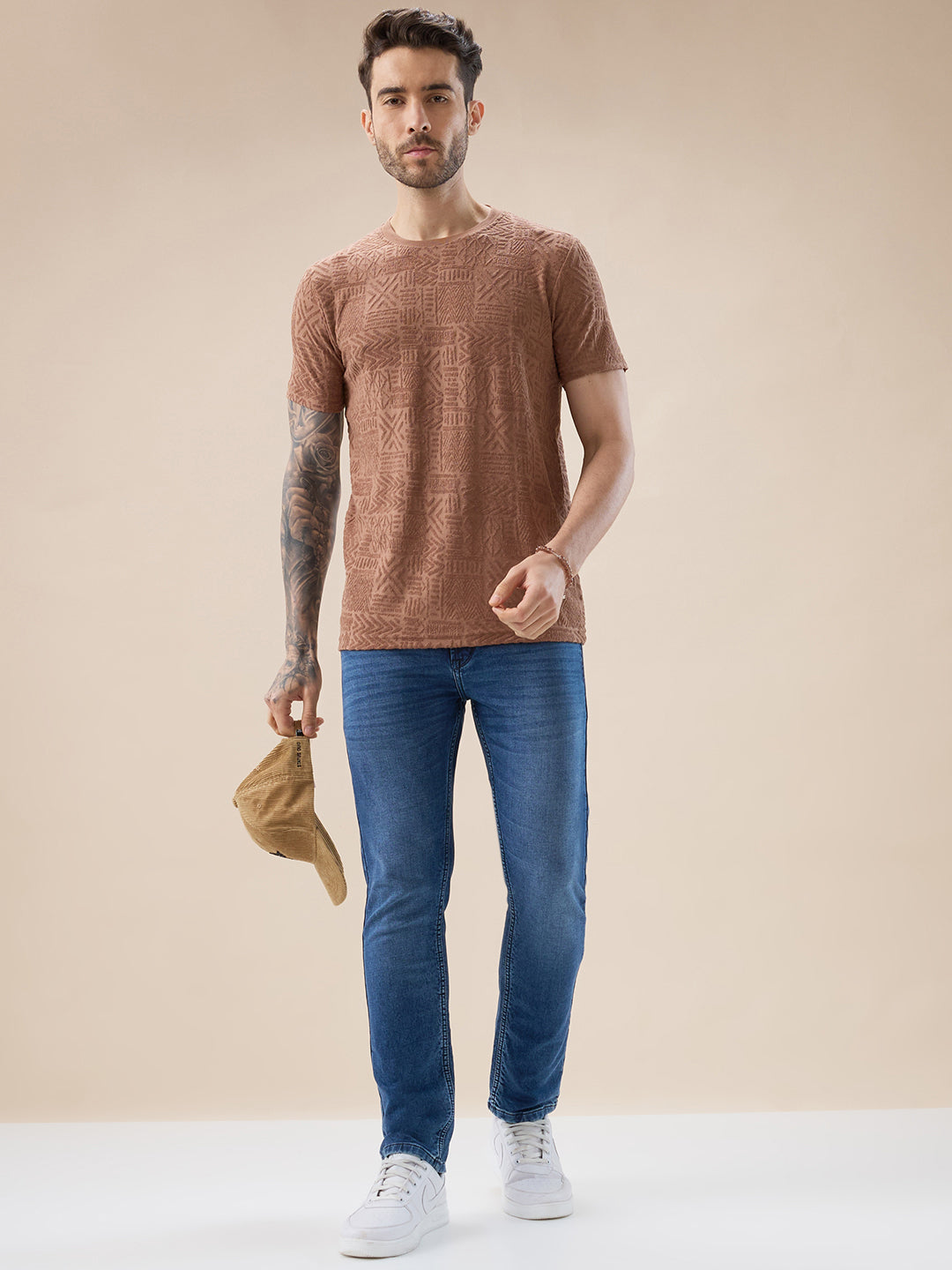 Status Quo Men'S Geometric Textured Solid Round Neck Regular Fit Half Sleeve T-Shirt