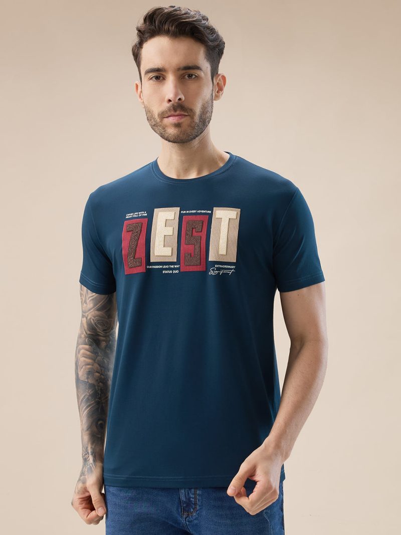 Status Quo Men'S Rubberized Typography Print Round Neck Regular Fit T-Shirt