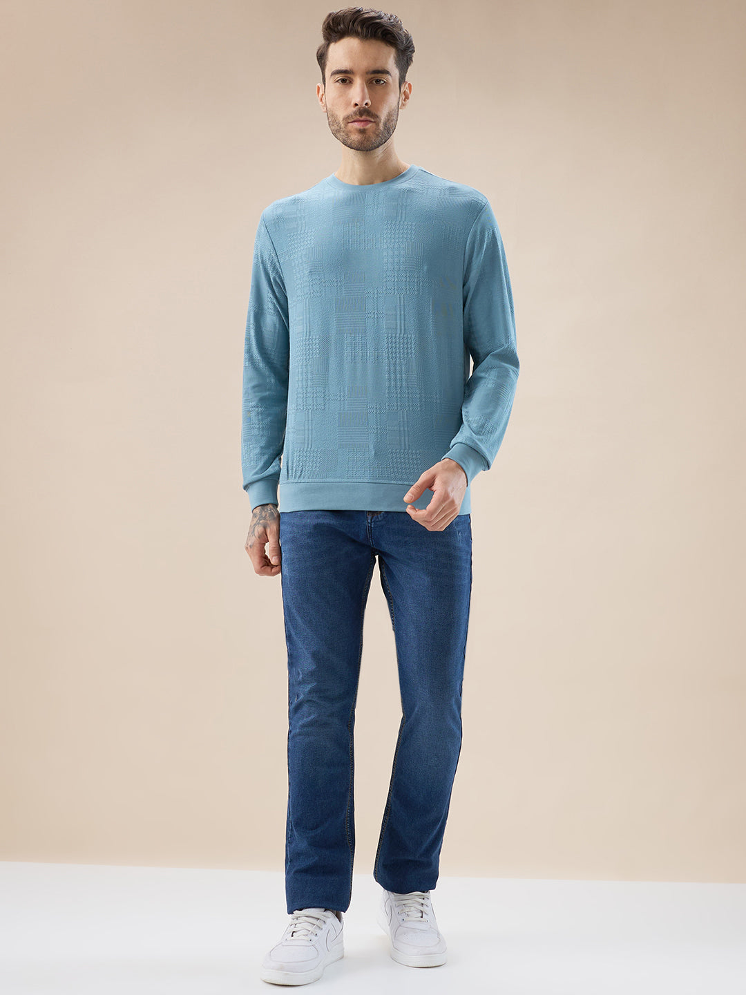 Status Quo Men'S Geometric Textured Round Neck Full Sleeve Regular Fit T-Shirt