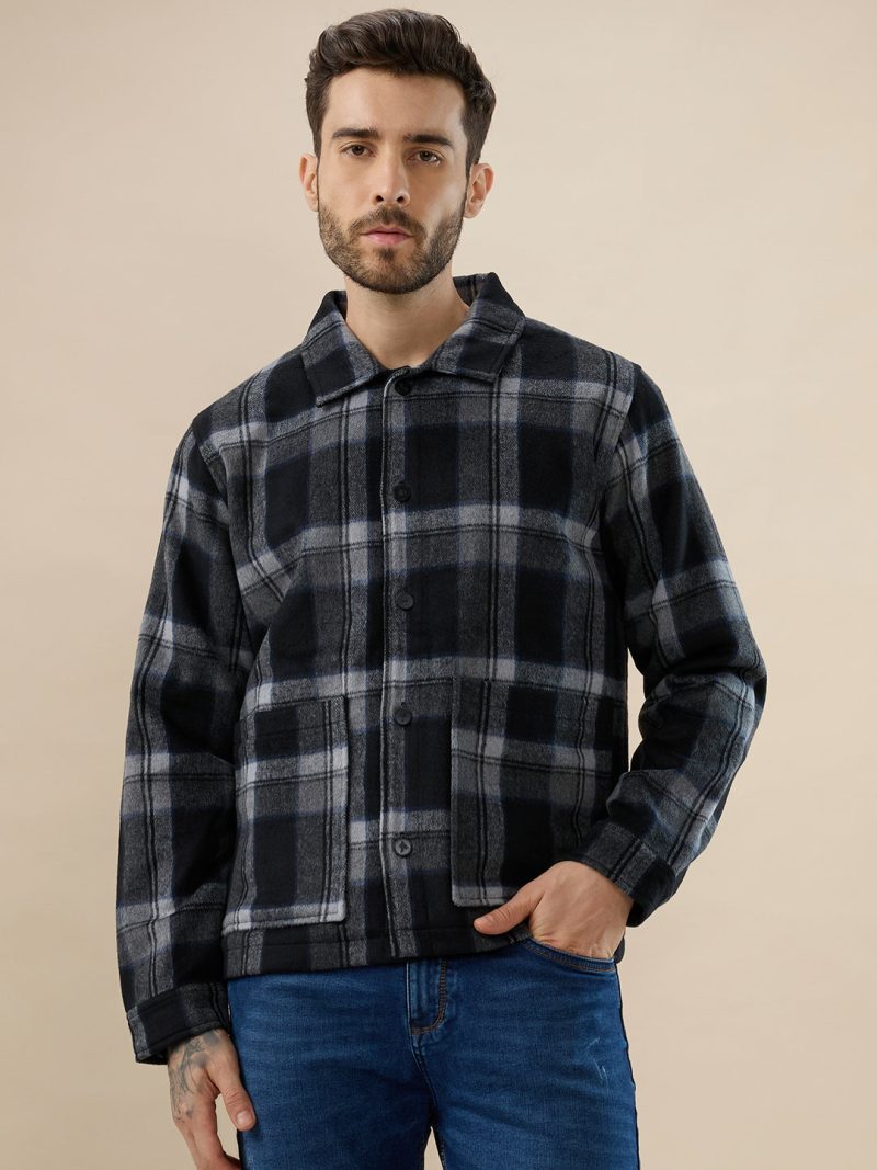 Status Quo Men'S Wool Blend Checked Pattern Regular Fit Shacket