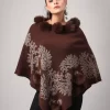 Mafadeny Women'S Embroidered Poncho With Fur Pom-Pom Detailing