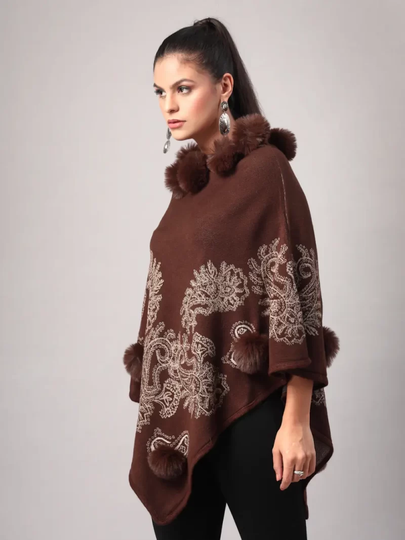 Mafadeny Women'S Embroidered Poncho With Fur Pom-Pom Detailing
