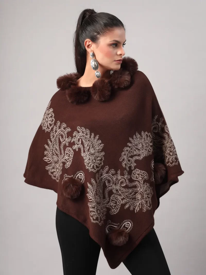 Mafadeny Women'S Embroidered Poncho With Fur Pom-Pom Detailing