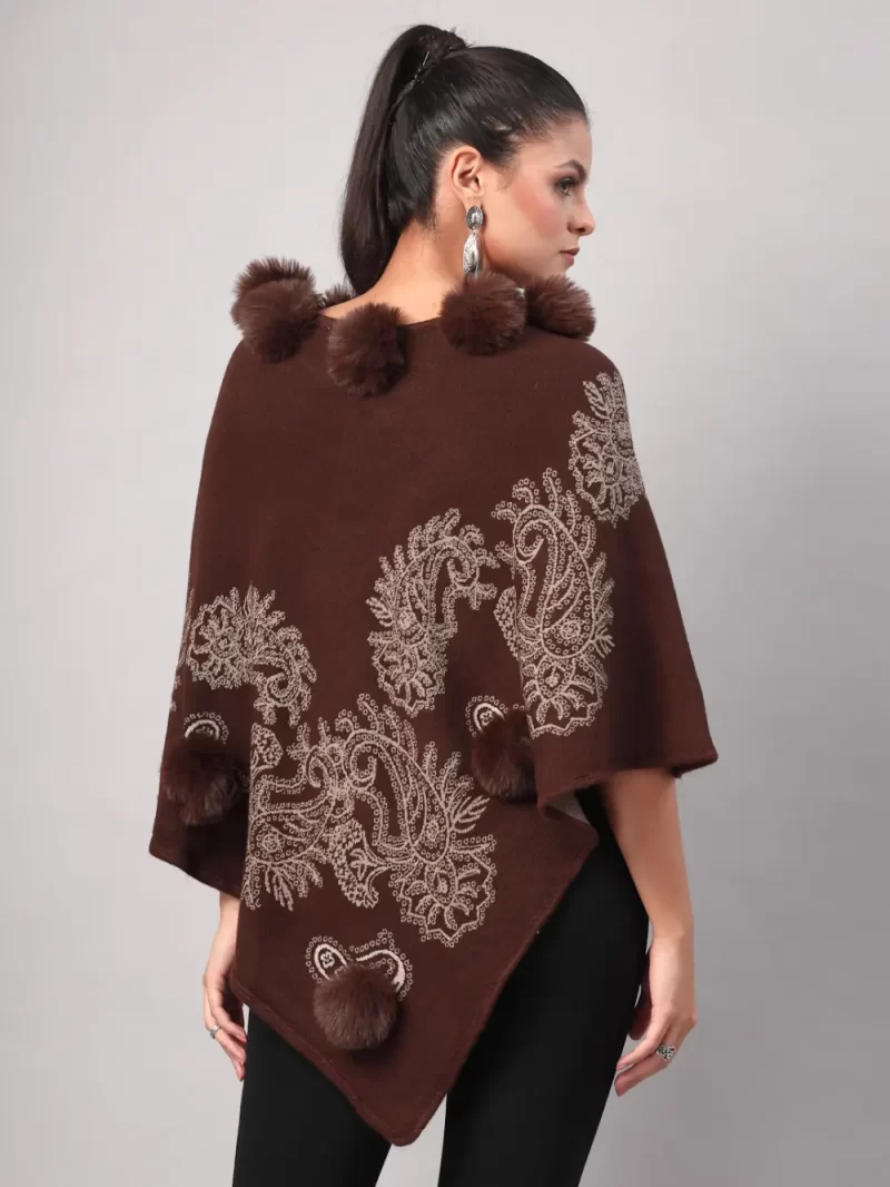 Mafadeny Women'S Embroidered Poncho With Fur Pom-Pom Detailing